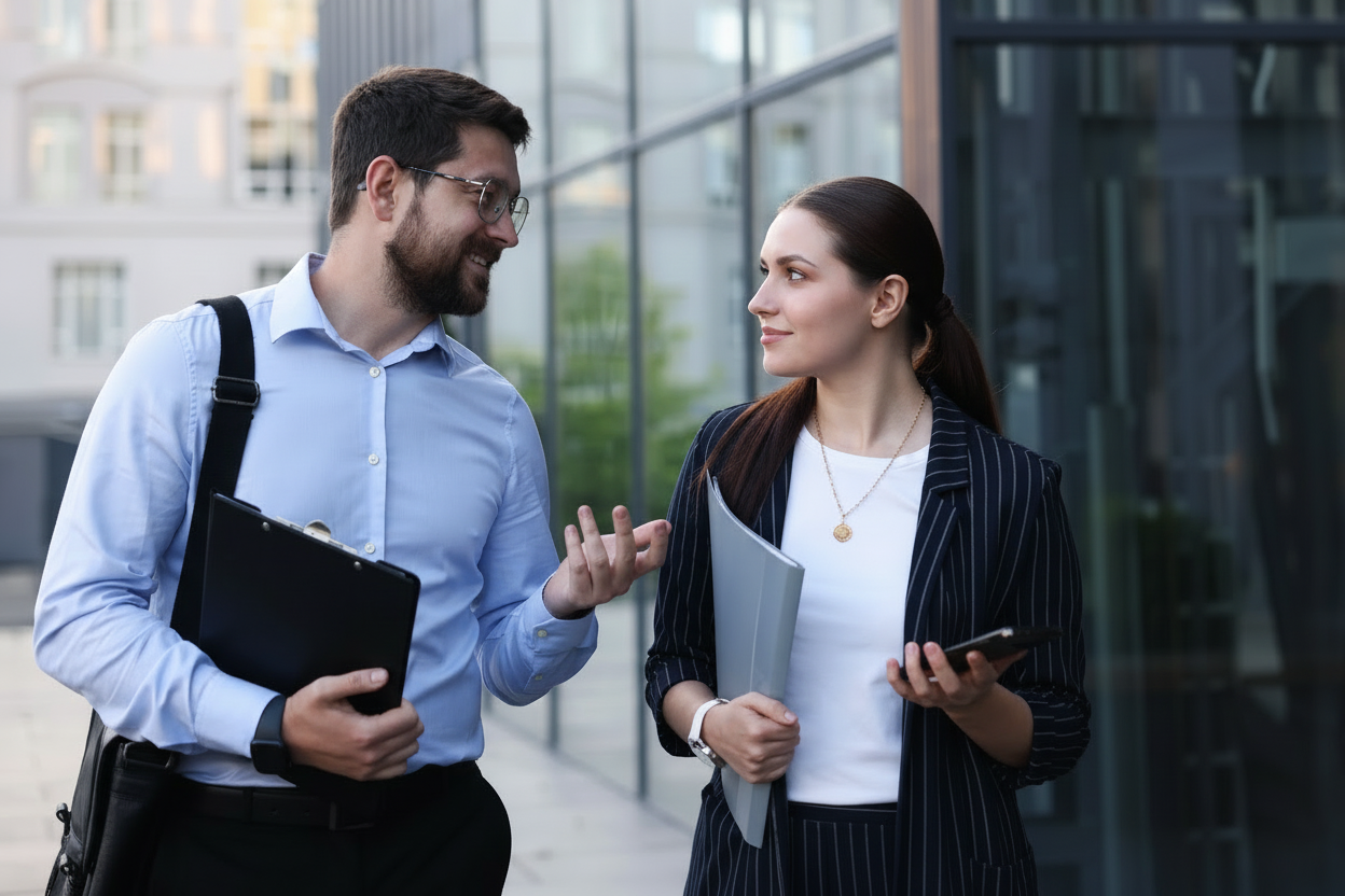 Two professionals, a man and a woman, are engaged in a conversation outdoors near a modern building.slider_item_qRgrGD